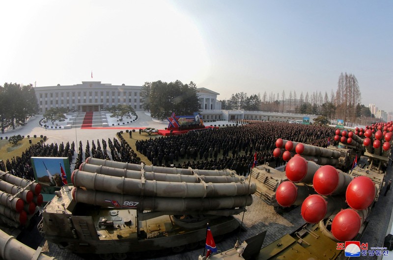 NORTHKOREA-POLITICS/ North Korean leader Kim Jong Un attends a ceremony where the new super-large multiple rocker launchers were presented before a plenary meeting of the ruling Workers' Party of Korea in Pyongyang, North Korea, in this photo released on January 1, 2023 by North Korea's Korean Central News Agency (KCNA). KCNA via REUTERS ATTENTION EDITORS - THIS IMAGE WAS PROVIDED BY A THIRD PARTY. REUTERS IS UNABLE TO INDEPENDENTLY VERIFY THIS IMAGE. NO THIRD PARTY SALES. SOUTH KOREA OUT. NO COMMERCIAL OR EDITORIAL SALES IN SOUTH KOREA.