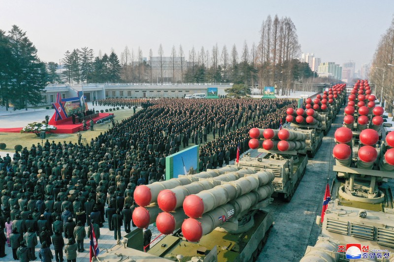 NORTHKOREA-POLITICS/ North Korean leader Kim Jong Un attends a ceremony where the new super-large multiple rocker launchers were presented before a plenary meeting of the ruling Workers' Party of Korea in Pyongyang, North Korea, in this photo released on January 1, 2023 by North Korea's Korean Central News Agency (KCNA). KCNA via REUTERS ATTENTION EDITORS - THIS IMAGE WAS PROVIDED BY A THIRD PARTY. REUTERS IS UNABLE TO INDEPENDENTLY VERIFY THIS IMAGE. NO THIRD PARTY SALES. SOUTH KOREA OUT. NO COMMERCIAL OR EDITORIAL SALES IN SOUTH KOREA.