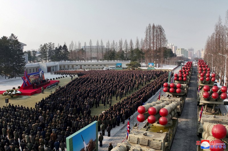 NORTHKOREA-POLITICS/ North Korean leader Kim Jong Un attends a ceremony where the new super-large multiple rocker launchers were presented before a plenary meeting of the ruling Workers' Party of Korea in Pyongyang, North Korea, in this photo released on January 1, 2023 by North Korea's Korean Central News Agency (KCNA). KCNA via REUTERS ATTENTION EDITORS - THIS IMAGE WAS PROVIDED BY A THIRD PARTY. REUTERS IS UNABLE TO INDEPENDENTLY VERIFY THIS IMAGE. NO THIRD PARTY SALES. SOUTH KOREA OUT. NO COMMERCIAL OR EDITORIAL SALES IN SOUTH KOREA.