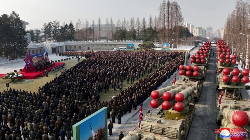 North Korean leader Kim Jong Un attends a ceremony where the new super-large multiple rocker launchers were presented before a plenary meeting of the ruling Workers' Party of Korea in Pyongyang, North Korea, in this photo released on January 1, 2023 by North Korea's Korean Central News Agency (KCNA). KCNA via REUTERS    ATTENTION EDITORS - THIS IMAGE WAS PROVIDED BY A THIRD PARTY. REUTERS IS UNABLE TO INDEPENDENTLY VERIFY THIS IMAGE. NO THIRD PARTY SALES. SOUTH KOREA OUT. NO COMMERCIAL OR EDITORIAL SALES IN SOUTH KOREA.