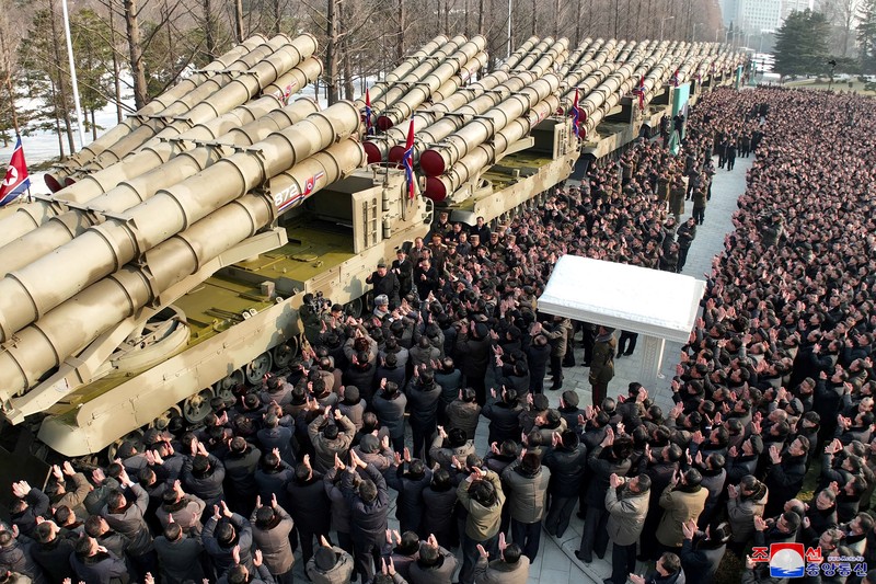 NORTHKOREA-POLITICS/ North Korean leader Kim Jong Un attends a ceremony where the new super-large multiple rocker launchers were presented before a plenary meeting of the ruling Workers' Party of Korea in Pyongyang, North Korea, in this photo released on January 1, 2023 by North Korea's Korean Central News Agency (KCNA). KCNA via REUTERS ATTENTION EDITORS - THIS IMAGE WAS PROVIDED BY A THIRD PARTY. REUTERS IS UNABLE TO INDEPENDENTLY VERIFY THIS IMAGE. NO THIRD PARTY SALES. SOUTH KOREA OUT. NO COMMERCIAL OR EDITORIAL SALES IN SOUTH KOREA.