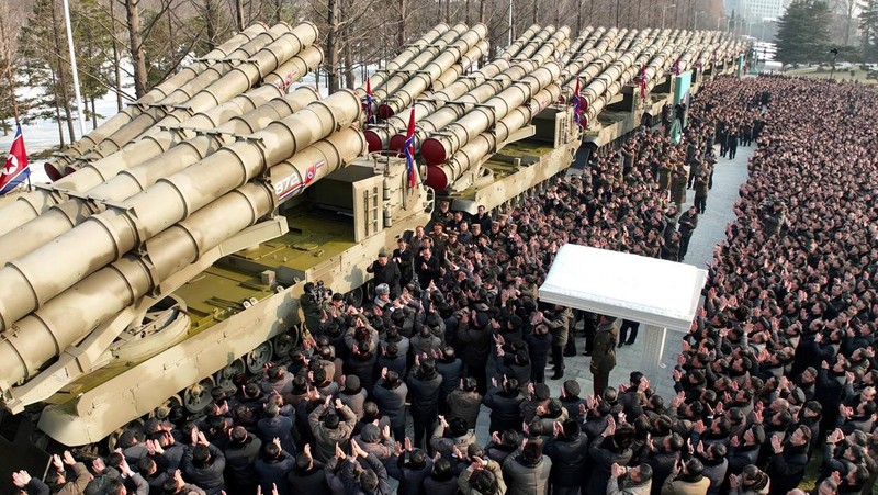 North Korean leader Kim Jong Un attends a ceremony where the new super-large multiple rocker launchers were presented before a plenary meeting of the ruling Workers' Party of Korea in Pyongyang, North Korea, in this photo released on January 1, 2023 by North Korea's Korean Central News Agency (KCNA). KCNA via REUTERS    ATTENTION EDITORS - THIS IMAGE WAS PROVIDED BY A THIRD PARTY. REUTERS IS UNABLE TO INDEPENDENTLY VERIFY THIS IMAGE. NO THIRD PARTY SALES. SOUTH KOREA OUT. NO COMMERCIAL OR EDITORIAL SALES IN SOUTH KOREA.