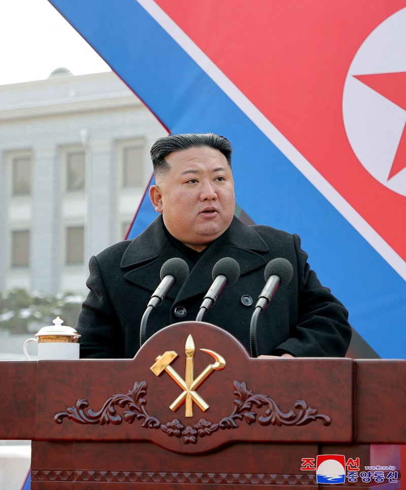 NORTHKOREA-POLITICS/ North Korean leader Kim Jong Un attends a ceremony where the new super-large multiple rocker launchers were presented before a plenary meeting of the ruling Workers' Party of Korea in Pyongyang, North Korea, in this photo released on January 1, 2023 by North Korea's Korean Central News Agency (KCNA). KCNA via REUTERS ATTENTION EDITORS - THIS IMAGE WAS PROVIDED BY A THIRD PARTY. REUTERS IS UNABLE TO INDEPENDENTLY VERIFY THIS IMAGE. NO THIRD PARTY SALES. SOUTH KOREA OUT. NO COMMERCIAL OR EDITORIAL SALES IN SOUTH KOREA.