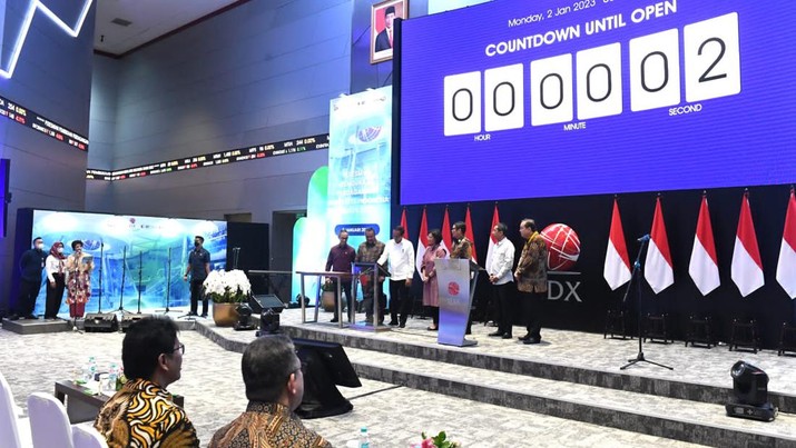 Presiden Joko Widodo meresmikan pembukaan perdagangan Bursa Efek Indonesia (BEI) Tahun 2023 di Gerdung Bursa Efek Indonesia, Jakarta, pada Senin, 2 Januari 2023. (Biro Pers Presiden RI) Presiden Joko Widodo meresmikan pembukaan perdagangan Bursa Efek Indonesia (BEI) Tahun 2023 di Gerdung Bursa Efek Indonesia, Jakarta, pada Senin, 2 Januari 2023. (Biro Pers Presiden RI)
