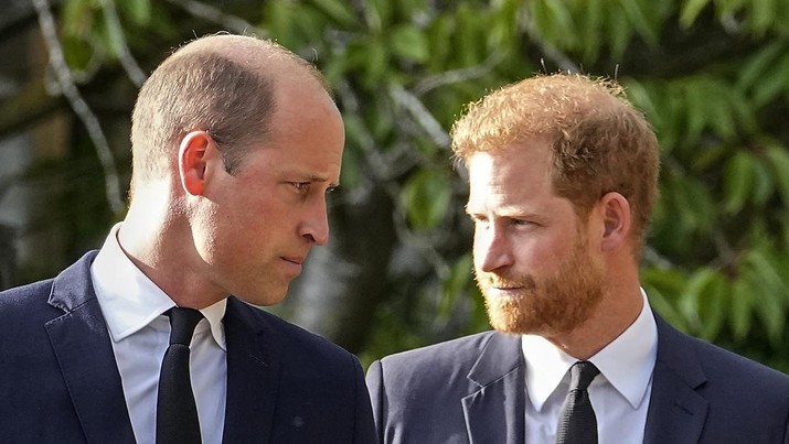 Britain Prince Harry FILE - Britain's Prince William and Britain's Prince Harry walk beside each other after viewing the floral tributes for the late Queen Elizabeth II outside Windsor Castle, in Windsor, England, Saturday, Sept. 10, 2022. Prince Harry has said he wants to have his father and brother back and that he wants “a family, not an institution,” during a TV interview ahead of the publication of his memoir. The interview with Britain’s ITV channel is due to be released this Sunday. (AP Photo/Martin Meissner, File)