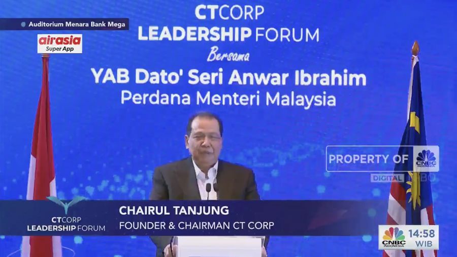 Sambutan Founder & Chairman CT Corp, Chairul Tanjung pada kunjungan Perdana Menteri Malaysia Anwar Ibrahim dalam acara Leadership Forum Senin (9/1/2023). (Tangkapan layar CNBC Indonesia TV)