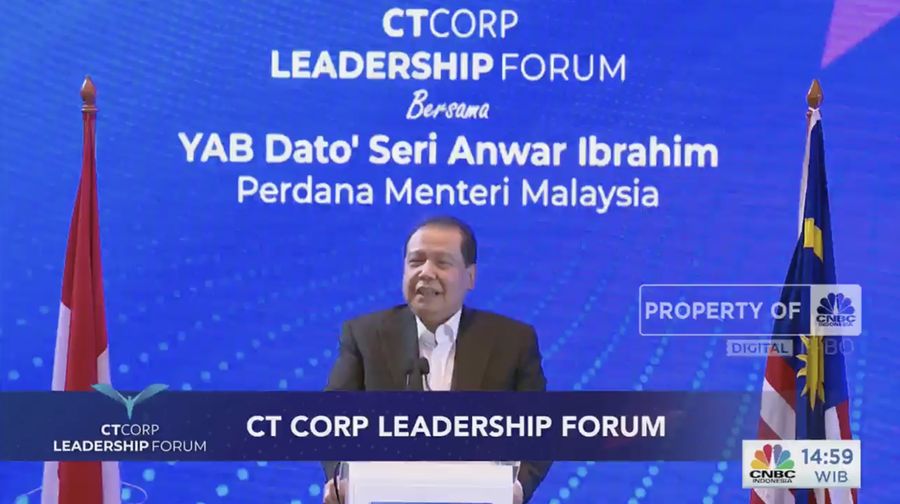 Sambutan Founder & Chairman CT Corp, Chairul Tanjung pada kunjungan Perdana Menteri Malaysia Anwar Ibrahim dalam acara Leadership Forum Senin (9/1/2023). (Tangkapan layar CNBC Indonesia TV)