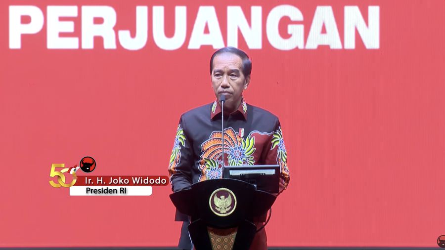 Jokowi dalam acara memperingati hari Ulang Tahun PDI Perjuangan yang ke-50 tahun. (Tangkapan layar Youtube PDI Perjuangan)