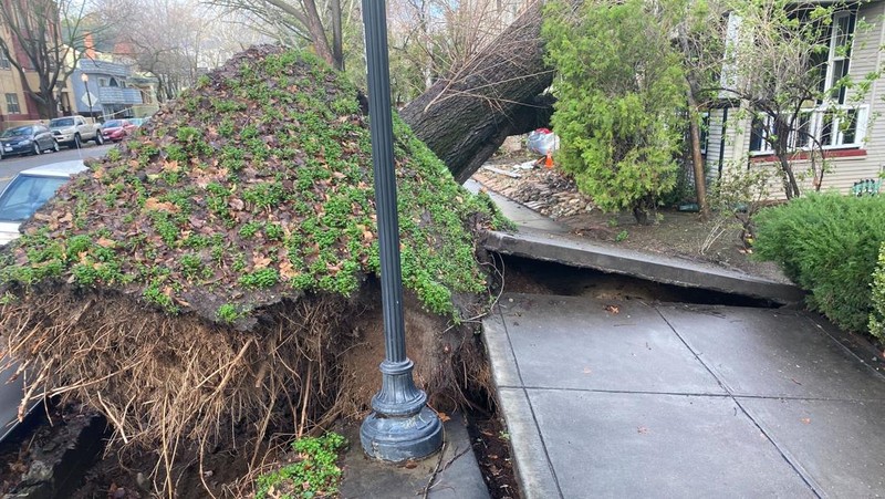 Uvas Creek membanjiri bagian Miller Avenue di Gilroy, California, saat rangkaian terbaru sungai di atmosfer menghantam Bay Area pada Senin, 9 Januari 2023. (Dai Sugano/Bay Area News Group via AP)