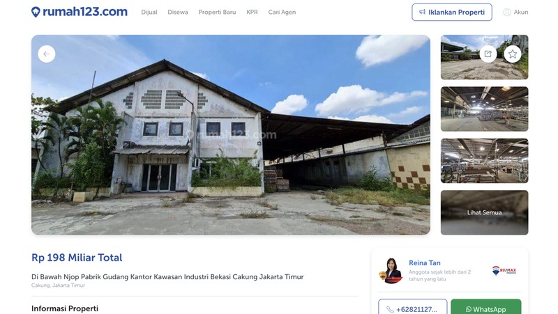 Sebuah pabrik Garmen di Rawa Buaya, Jakarta Barat, Dijual di toko online dengan harga 17M. (Dok. rumah123.com)