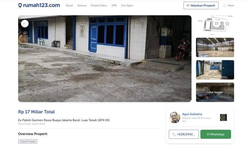 Sebuah pabrik Garmen di Rawa Buaya, Jakarta Barat, Dijual di toko online dengan harga 17M. Sebuah pabrik Garmen di Rawa Buaya, Jakarta Barat, Dijual di toko online dengan harga 17M. (Dok. rumah123.com)