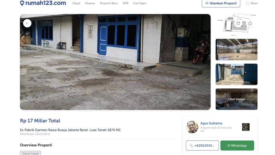 Sebuah pabrik Garmen di Rawa Buaya, Jakarta Barat, Dijual di toko online dengan harga 17M. (Dok. rumah123.com)