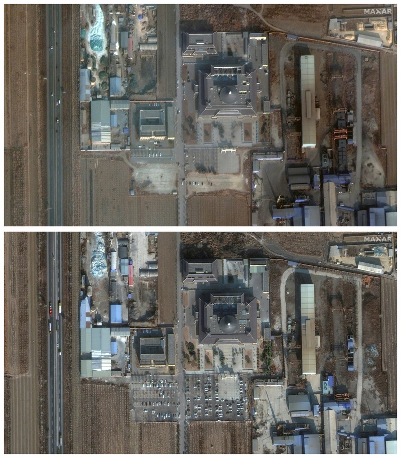 Citra satelit di atas sejumlah kota di China menunjukkan seluruh krematorium di sana dipenuhi kendaraan roda empat yang diparkir. (via REUTERS/MAXAR TECHNOLOGIES)