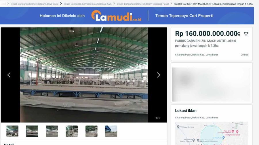 Dijual Pabrik Eks Garment aktif, Pantura, Jawa Tengah. (Tangkapan layar Lamudi.co)