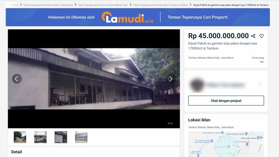 Dijual Pabrik ex garmen siap pakai dengan luas 17000m2 di Tambun Selatan Bekasi. (Tangkapan layar Olx)