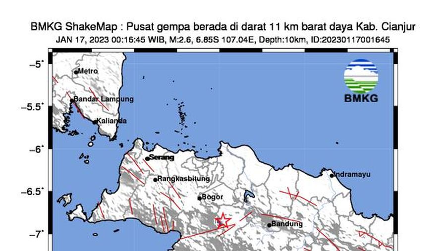 Gempa guncang wilayah Pusat berada di darat 11 km barat daya Kab. Cianjur dengan magnitudo 2.6. (Twitter @infoBMKG)