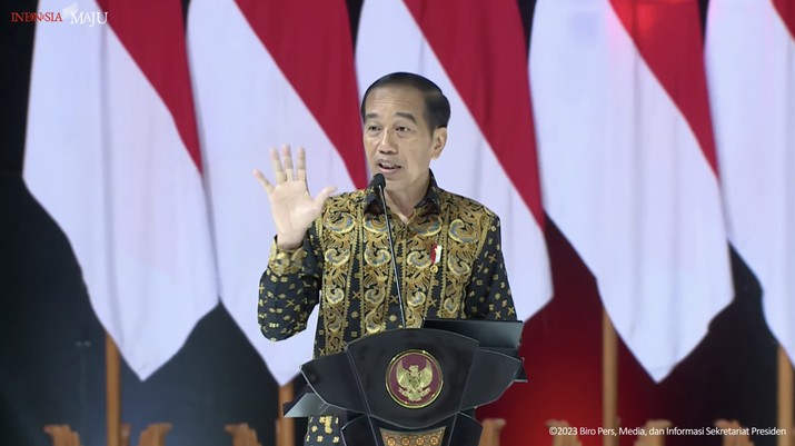Presiden Jokowi Resmikan Pembukaan Rakornas Kepala Daerah dan Forum Komunikasi Pimpinan Daerah se-Indonesia Tahun 2023, SICC Sentul, Kabupaten Bogor, 17 Januari 2023. Presiden Jokowi Resmikan Pembukaan Rakornas Kepala Daerah dan Forum Komunikasi Pimpinan Daerah se-Indonesia Tahun 2023, SICC Sentul, Kabupaten Bogor, 17 Januari 2023. (Tangkapan Layar Youtube Sekretariat Presiden)