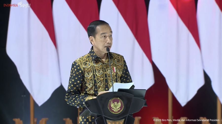 Presiden Jokowi Resmikan Pembukaan Rakornas Kepala Daerah dan Forum Komunikasi Pimpinan Daerah se-Indonesia Tahun 2023, SICC Sentul, Kabupaten Bogor, 17 Januari 2023. (Tangkapan Layar Youtube Sekretariat Presiden)