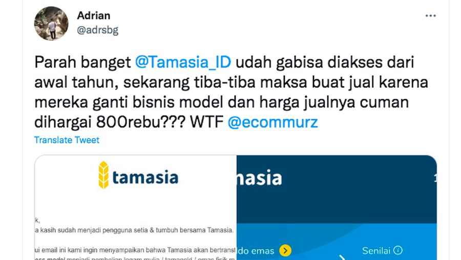 Postingan akun @adrsbg soal aplikasi Tamasia