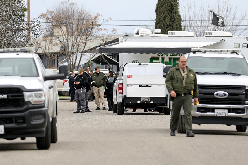 Unit kejahatan Sheriff Kabupaten Tulare menyelidiki tempat kejadian di mana enam orang, termasuk bayi berusia 6 bulan, ibu remajanya dan seorang wanita tua, tewas di komunitas pertanian Central Valley dalam apa yang dikatakan sheriff setempat kemungkinan serangan yang ditargetkan oleh obat-obatan. kartel pada Senin, 16 Januari 2023 di Goshen, CA. Unit kejahatan Sheriff Kabupaten Tulare menyelidiki tempat kejadian di mana enam orang, termasuk bayi berusia 6 bulan, ibu remajanya dan seorang wanita tua, tewas di komunitas pertanian Central Valley dalam apa yang dikatakan sheriff setempat kemungkinan serangan yang ditargetkan oleh obat-obatan. kartel pada Senin, 16 Januari 2023 di Goshen, CA. Pembantaian itu terjadi sekitar pukul 3:30 pagi di dalam dan sekitar sebuah tempat tinggal di kota Goshen di Kabupaten Tulare dekat Visalia. (Gary Coronado / Los Angeles Times via Getty Images)
