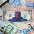An intervened US dollar bill by artist Sergio Diaz depicting Star War's Darth Maul is pictured over old Argentine pesos bills, in Salta, Argentina, December 30, 2022. REUTERS/Javier Corbalan NO RESALES. NO ARCHIVES