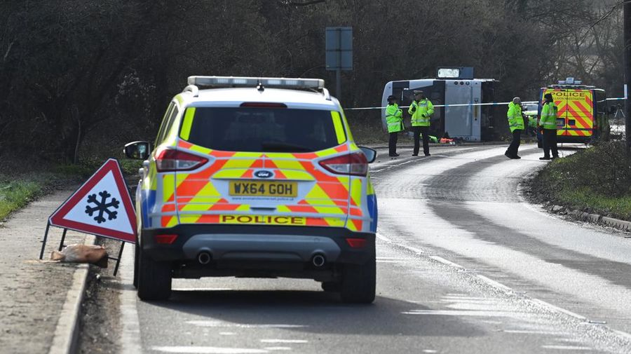 CANNINGTON, SOMERSET - JANUARY 17: An aerial view of police at the scene after the early-morning crash on January 17, 2023 near Cannington, Somerset, England. The bus was carrying workers at Hinkley Point C, the nuclear power station about 8 miles from the scene of the crash. (Photo by Finnbarr Webster/Getty Images)