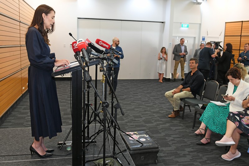 1457516996 NAPIER, NEW ZEALAND - JANUARY 19: Clarke Gayford looks on as Prime Minister Jacinda Ardern announces her resignation at the War Memorial Centre on January 19, 2023 in Napier, New Zealand. (Photo by Kerry Marshall/Getty Images)