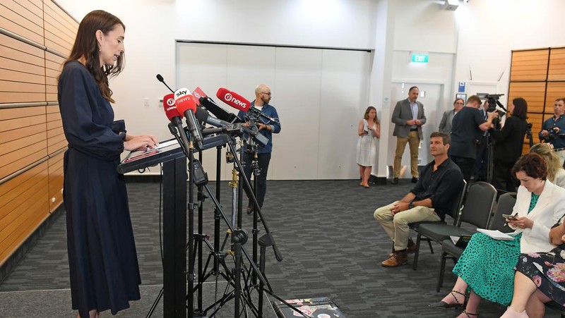 NAPIER, NEW ZEALAND - JANUARY 19: Clarke Gayford looks on as Prime Minister Jacinda Ardern announces her resignation at the War Memorial Centre on January 19, 2023 in Napier, New Zealand. (Photo by Kerry Marshall/Getty Images)
