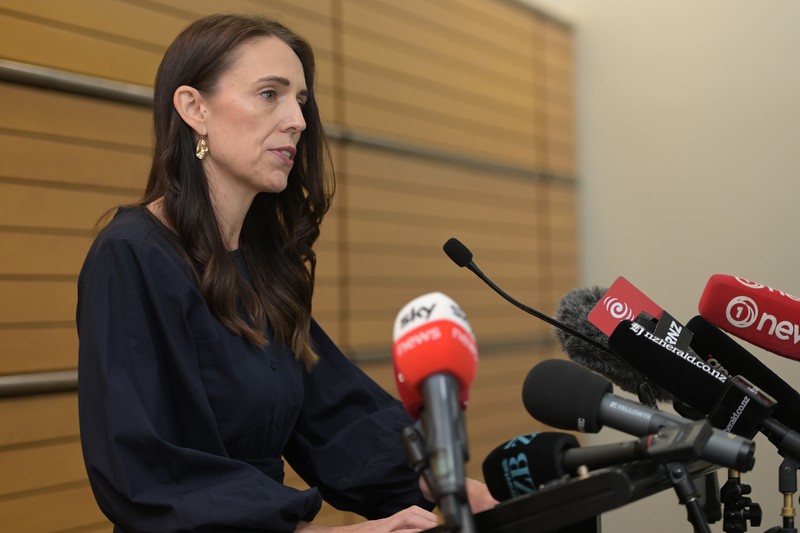 NAPIER, NEW ZEALAND - JANUARY 19: Clarke Gayford looks on as Prime Minister Jacinda Ardern announces her resignation at the War Memorial Centre on January 19, 2023 in Napier, New Zealand. (Photo by Kerry Marshall/Getty Images)