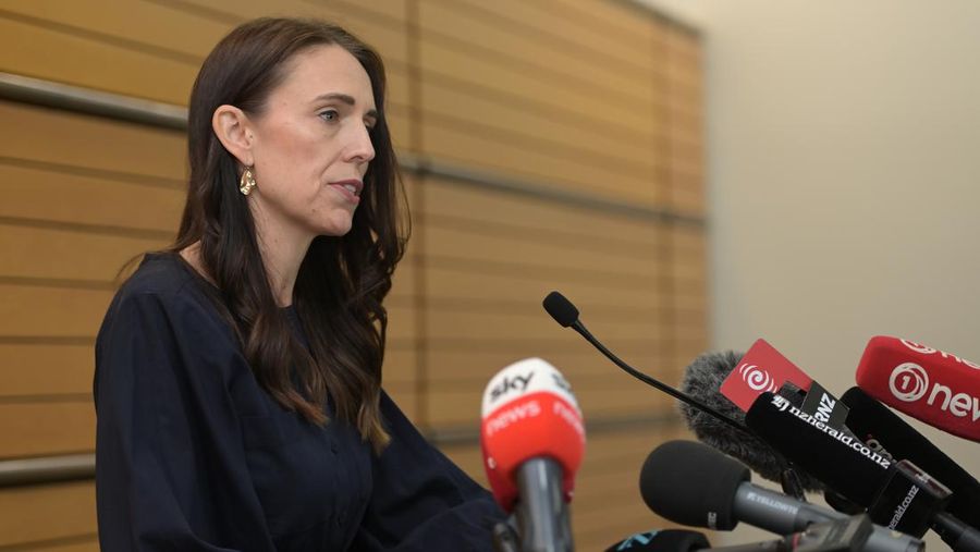 NAPIER, NEW ZEALAND - JANUARY 19: Clarke Gayford looks on as Prime Minister Jacinda Ardern announces her resignation at the War Memorial Centre on January 19, 2023 in Napier, New Zealand. (Photo by Kerry Marshall/Getty Images)
