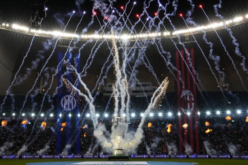 Saudi Italy Soccer Super Cup Fireworks explode before the Italian Super Cup final soccer match between AC Milan and Inter Milan at the King Saud University Stadium, in Riyadh, Saudi Arabia, Wednesday, Jan. 18, 2023. (AP Photo/Hussein Malla)