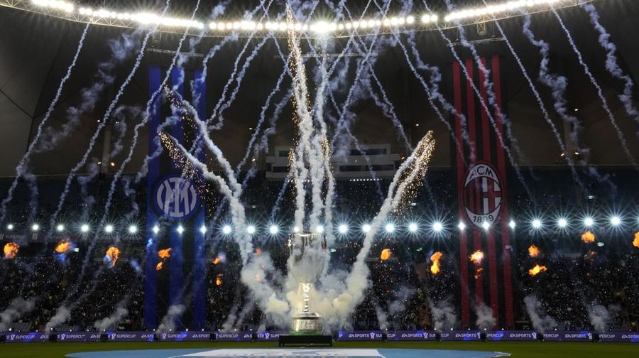Fireworks explode before the Italian Super Cup final soccer match between AC Milan and Inter Milan at the King Saud University Stadium, in Riyadh, Saudi Arabia, Wednesday, Jan. 18, 2023. (AP Photo/Hussein Malla)
