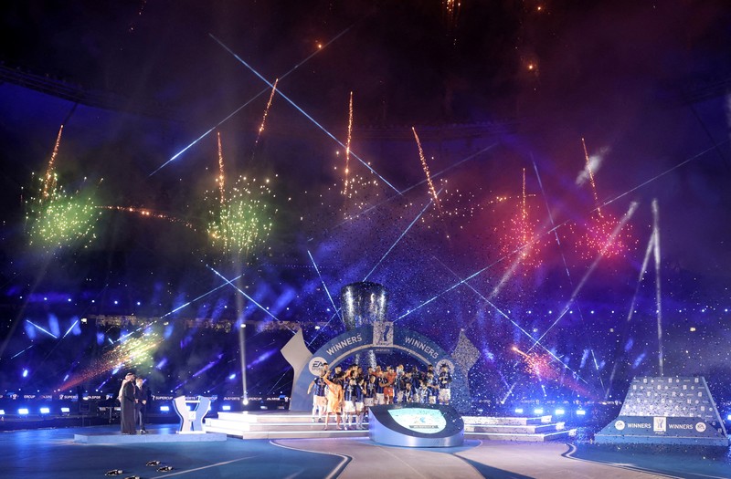 Saudi Italy Soccer Super Cup Fireworks explode before the Italian Super Cup final soccer match between AC Milan and Inter Milan at the King Saud University Stadium, in Riyadh, Saudi Arabia, Wednesday, Jan. 18, 2023. (AP Photo/Hussein Malla)