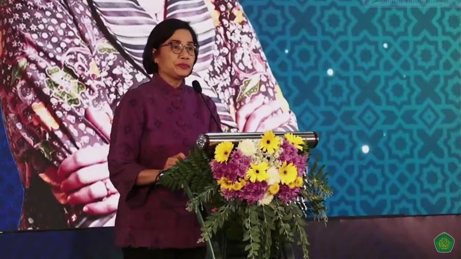 Menteri Keuangan Sri Mulyani dalam acara Ground Breaking Kampus III UIN Maulana Malik Ibrahim Malang pada Minggu (22/1/2023). (Tangkapan Layar Youtube uinmlg)
