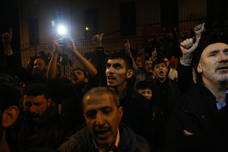 ISTANBUL, TURKIYE- JANUARY 22: The burning of the Qur'an in Sweden was Protested in Istanbul on January 22, 2023 in Istanbul, Türkiye. A group protesting the burning of the Quran in front of the Turkish Embassy in Stockholm by Rasmus Paludan, the leader of the Danish far-right Stram Kurs party, held a protest in front of the Swedish Consulate in Istanbul. (Photo by Hakan Akgun/ dia images via Getty Images)