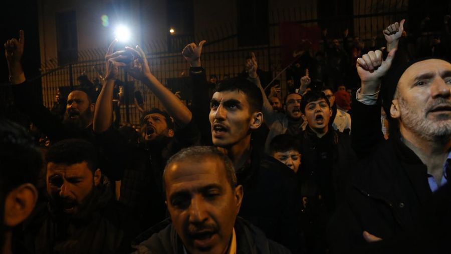 ISTANBUL, TURKIYE- JANUARY 22: The burning of the Qur'an in Sweden was Protested in Istanbul on January 22, 2023 in Istanbul, Türkiye. A group protesting the burning of the Quran in front of the Turkish Embassy in Stockholm by Rasmus Paludan, the leader of the Danish far-right Stram Kurs party, held a protest in front of the Swedish Consulate in Istanbul. (Photo by Hakan Akgun/ dia images via Getty Images)