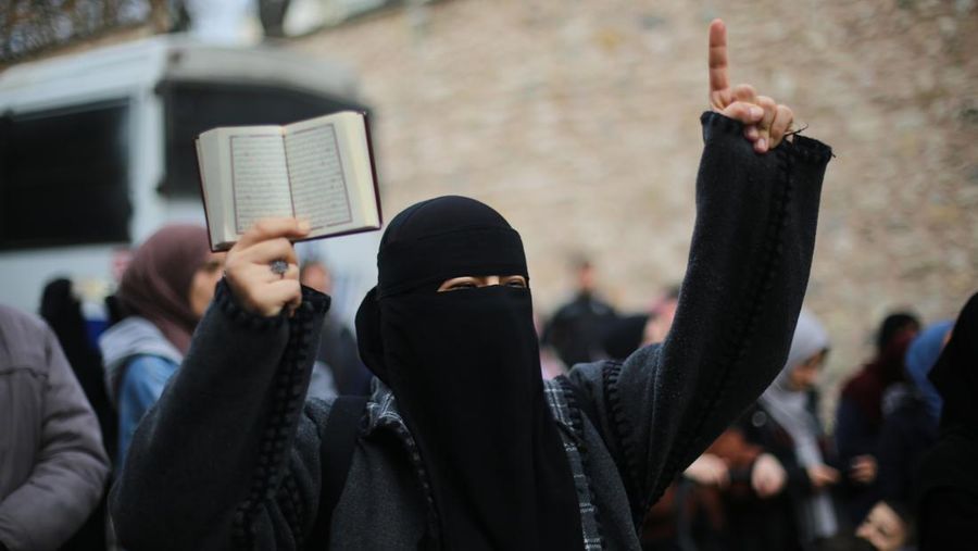 ISTANBUL, TURKIYE- JANUARY 22: The burning of the Qur'an in Sweden was Protested in Istanbul on January 22, 2023 in Istanbul, Türkiye. A group protesting the burning of the Quran in front of the Turkish Embassy in Stockholm by Rasmus Paludan, the leader of the Danish far-right Stram Kurs party, held a protest in front of the Swedish Consulate in Istanbul. (Photo by Hakan Akgun/ dia images via Getty Images)