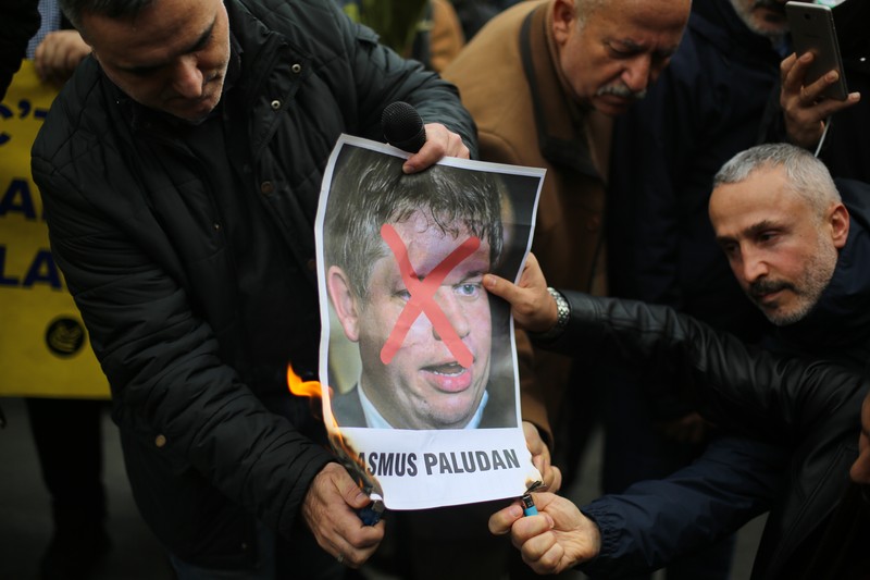 ISTANBUL, TURKIYE- JANUARY 22: The burning of the Qur'an in Sweden was Protested in Istanbul on January 22, 2023 in Istanbul, Türkiye. A group protesting the burning of the Quran in front of the Turkish Embassy in Stockholm by Rasmus Paludan, the leader of the Danish far-right Stram Kurs party, held a protest in front of the Swedish Consulate in Istanbul. (Photo by Hakan Akgun/ dia images via Getty Images)