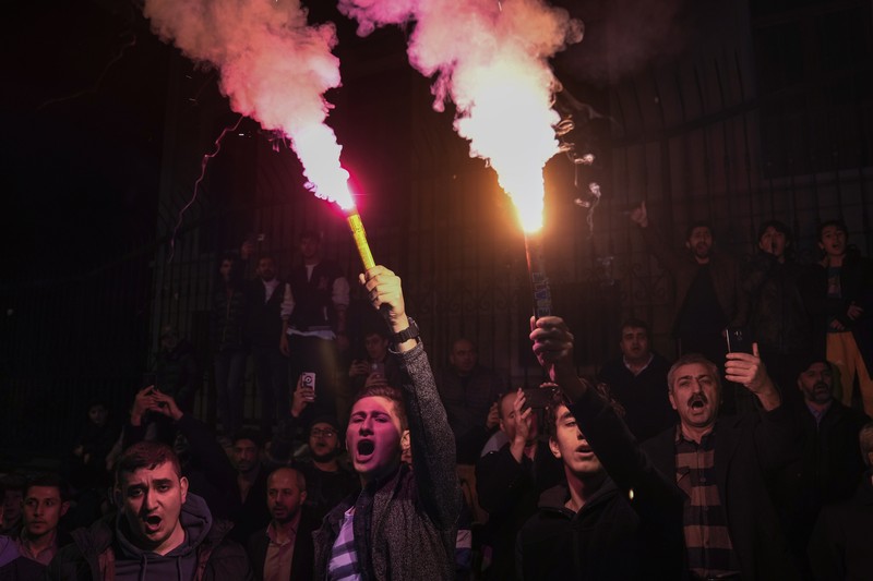 ISTANBUL, TURKIYE- JANUARY 22: The burning of the Qur'an in Sweden was Protested in Istanbul on January 22, 2023 in Istanbul, Türkiye. A group protesting the burning of the Quran in front of the Turkish Embassy in Stockholm by Rasmus Paludan, the leader of the Danish far-right Stram Kurs party, held a protest in front of the Swedish Consulate in Istanbul. (Photo by Hakan Akgun/ dia images via Getty Images)