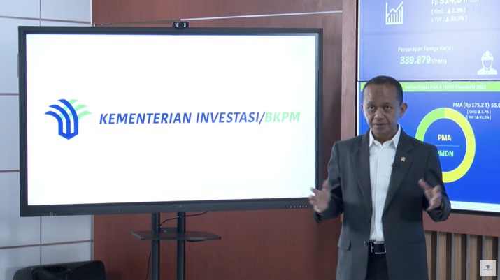 Keterangan Pers Menteri Investasi/Kepala Badan Koordinasi Penanaman Modal (BKPM) tentang Realisasi Investasi PMA & PMDN Triwulan IV (Oktober-Desember) Tahun 2022. Keterangan Pers Menteri Investasi/Kepala Badan Koordinasi Penanaman Modal (BKPM) tentang Realisasi Investasi PMA & PMDN Triwulan IV (Oktober-Desember) Tahun 2022. (Tangkapan Layar Youtube Kementerian Investasi - BKP)