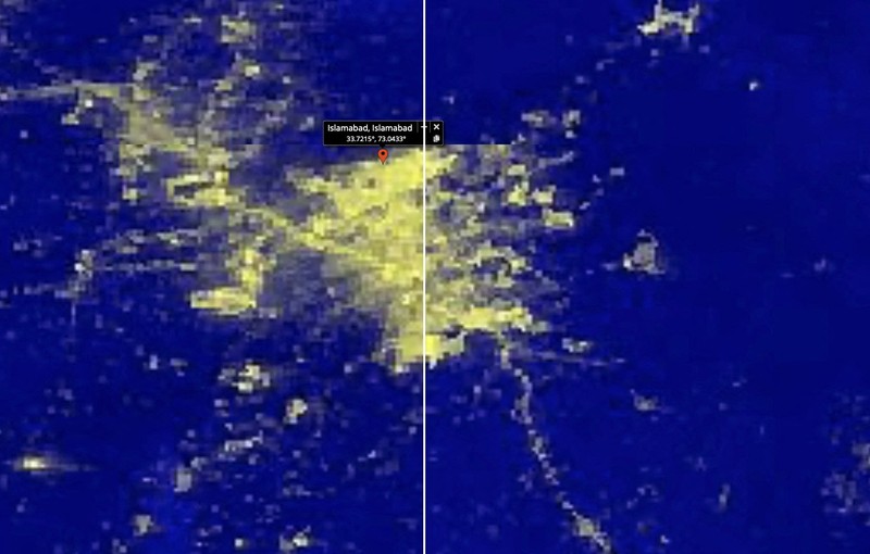 Sebuah citra satelit menunjukkan sebelum dan sesudah di Islamabad, Pakistan, menyusul pemadaman listrik di seluruh negeri, 23 Januari 2023. (via REUTERS/NASA EOISDIS Worldview) Sebuah citra satelit menunjukkan sebelum dan sesudah di Islamabad, Pakistan, menyusul pemadaman listrik di seluruh negeri, 23 Januari 2023. (via REUTERS/NASA EOISDIS Worldview)