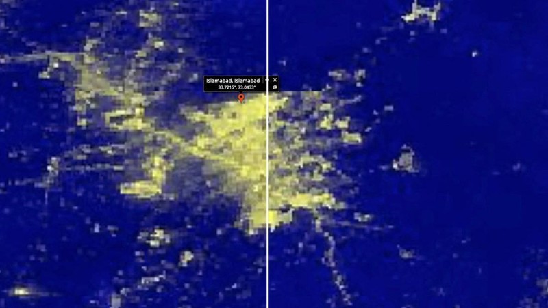 Sebuah citra satelit menunjukkan sebelum dan sesudah di Islamabad, Pakistan, menyusul pemadaman listrik di seluruh negeri, 23 Januari 2023. (via REUTERS/NASA EOISDIS Worldview)