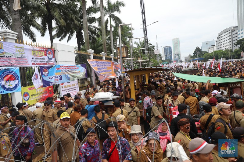 Persatuan Perangkat Desa Indonesia (PPDI) menggelar demonstrasi di depan Gedung DPR, Jakarta, Rabu, (25/1/2023). (CNBC Indonesia/ Muhammad Sabki)