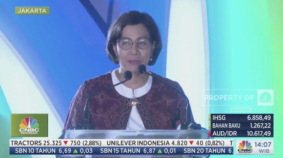 Menteri Keuangan Sri Mulyani dalam acara BRI Microfinance Outlook 2023, dengan tema Financial Inclusion and ESG: The Road to Equitable and Economic Prosperity di Gedung BRI, Jakarta, Kamis (26/1/2023). (Tangkapan layar CNBC Indonesia TV)