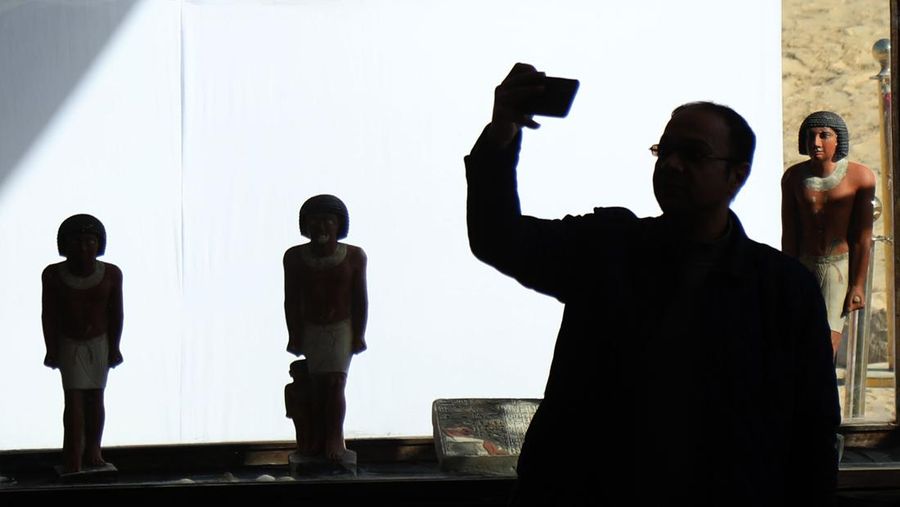 CAIRO, EGYPT- JANUARY 26: Egyptian archaeological workers excavating the site of the Step Pyramid of Djoser in Saqqara during the announcement of new discoveries at the Director Bridge in Saqqara, on January 26, 2023 in Giza, Egypt. (Photo by Fadel Dawod/Getty Images)