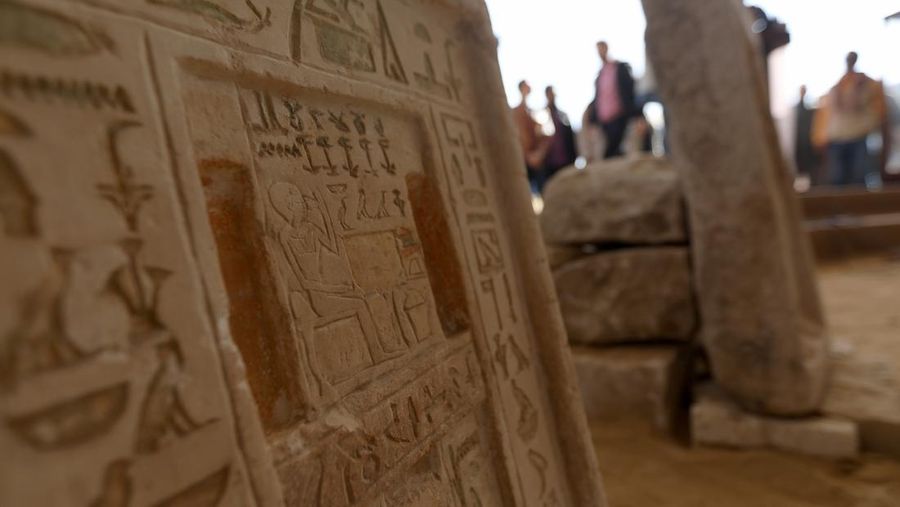 CAIRO, EGYPT- JANUARY 26: Egyptian archaeological workers excavating the site of the Step Pyramid of Djoser in Saqqara during the announcement of new discoveries at the Director Bridge in Saqqara, on January 26, 2023 in Giza, Egypt. (Photo by Fadel Dawod/Getty Images)