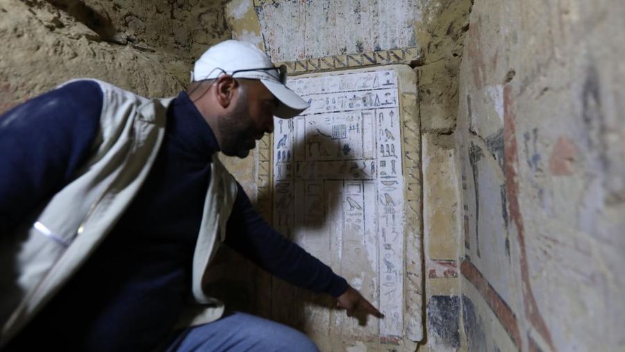 CAIRO, EGYPT- JANUARY 26: Egyptian archaeological workers excavating the site of the Step Pyramid of Djoser in Saqqara during the announcement of new discoveries at the Director Bridge in Saqqara, on January 26, 2023 in Giza, Egypt. (Photo by Fadel Dawod/Getty Images)