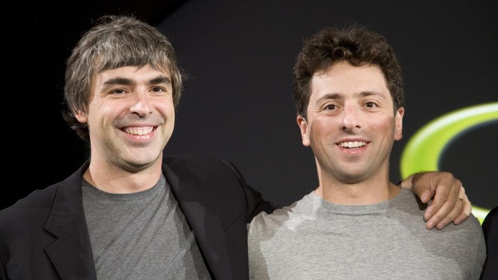 528779824 Larry Page (L) and Sergey Brin (R), the co-founders of Google, at a press event where Google and T-Mobile announced the first Android powered cellphone, the T-Mobile G1. (Photo by James Leynse/Corbis via Getty Images)