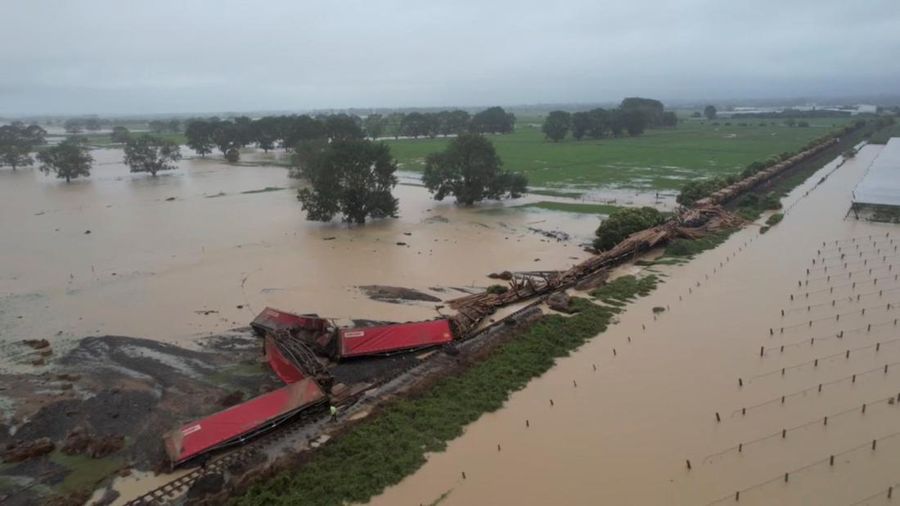 A general view shows a train derailed in Te Puke, New Zealand January 29, 2023 in this still image obtained from a social media video. David Holwerda/via REUTERS  THIS IMAGE HAS BEEN SUPPLIED BY A THIRD PARTY. MANDATORY CREDIT. NO RESALES. NO ARCHIVES.