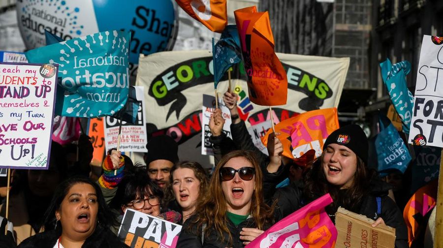 Striking workers attend a march, in London, Britain February 1, 2023. REUTERS/Toby Melville